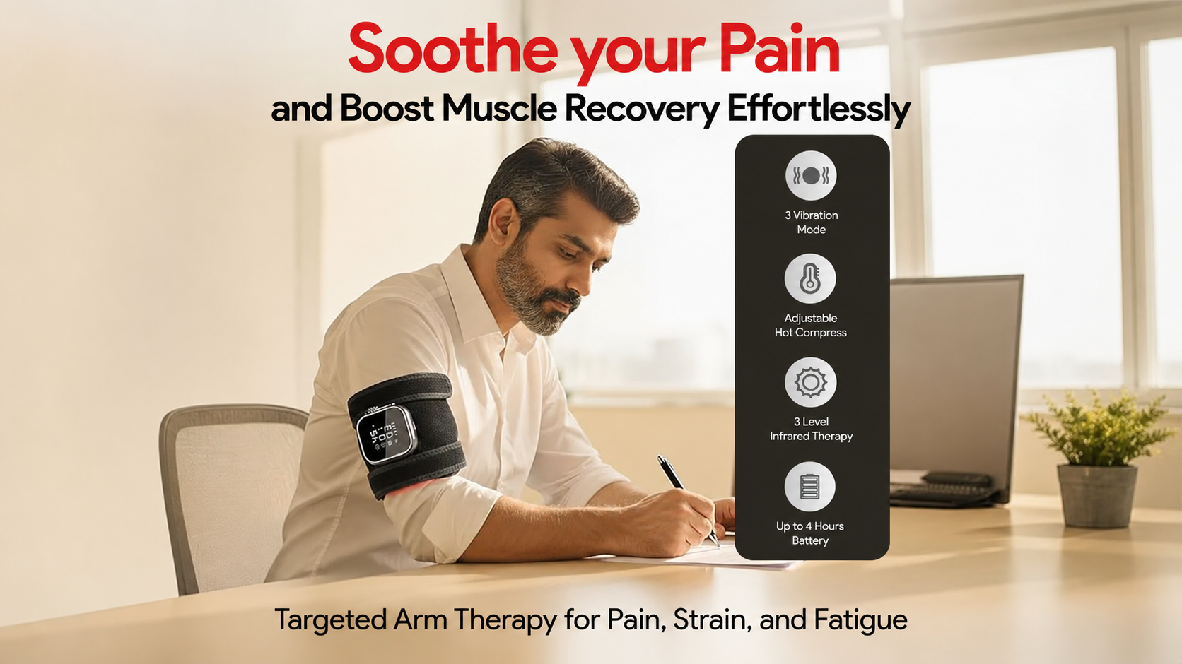 Man wearing the InfraHeat Vibration Patch on his arm while working at a desk