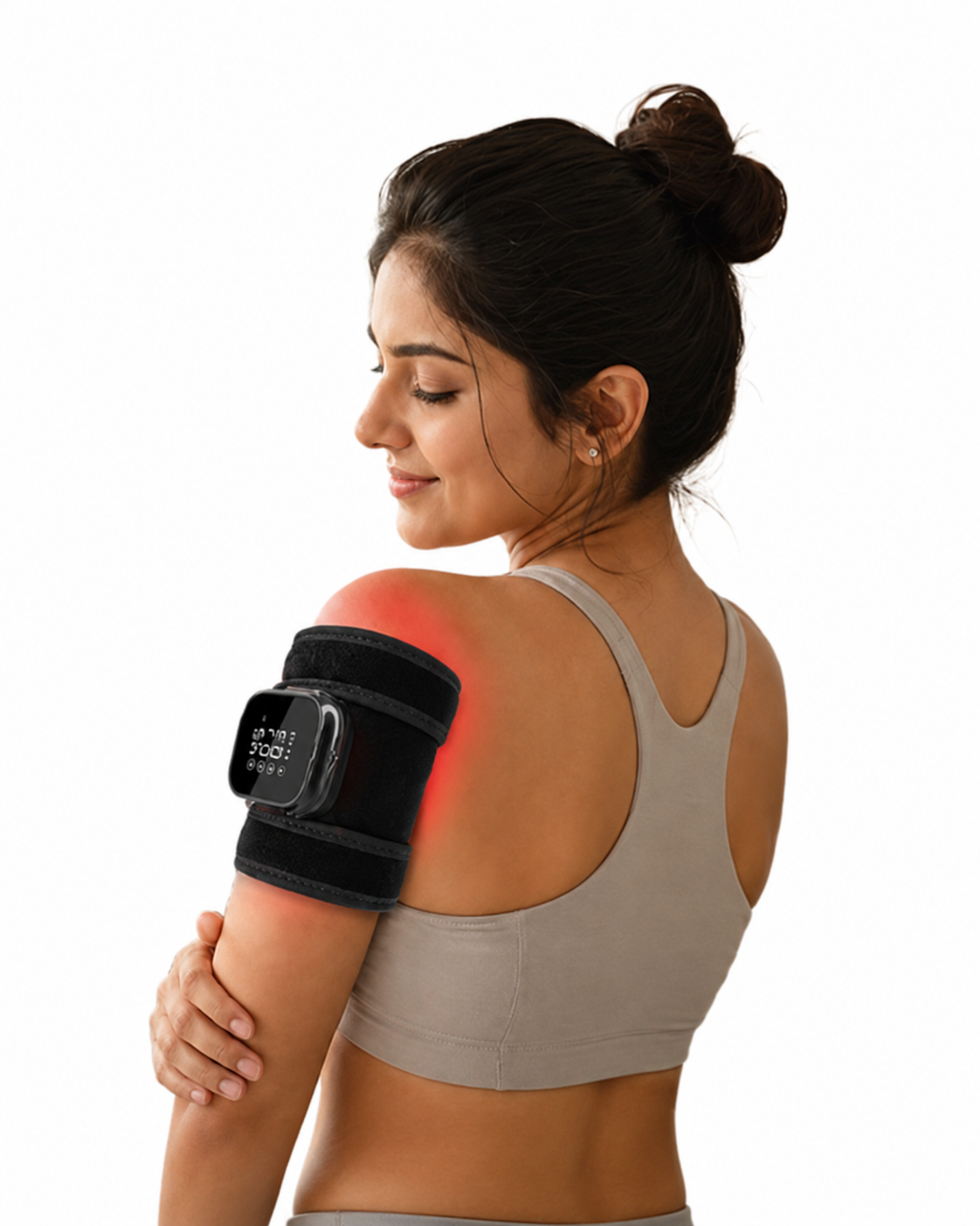 Woman wearing the InfraHeat Vibration Patch on her shoulder